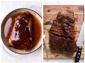 A cooked brisket shown covered in bbq sauce and a brisket shown on a cutting board being cut against the grain.